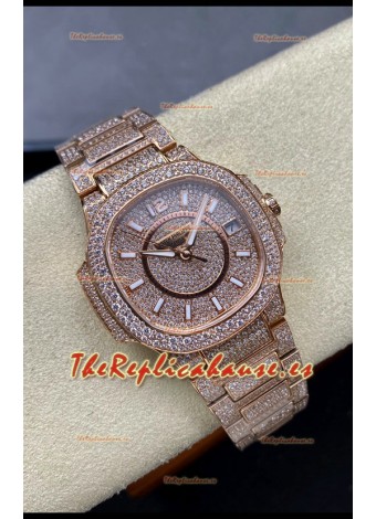 Patek Philippe Nautilus 7010 Pavimentado en Diamantes Oro Rosado 32MM Réplica Espejo 1:1 - Diamantes Genuinos