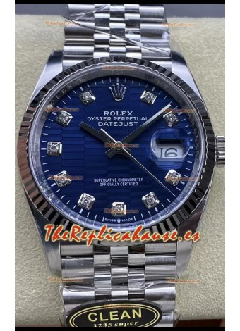 Rolex Datejust Movimiento Cal.3235 Reloj Réplica a Espejo 1:1 Acero 904L 36MM - Dial Azul Motivo Estriado