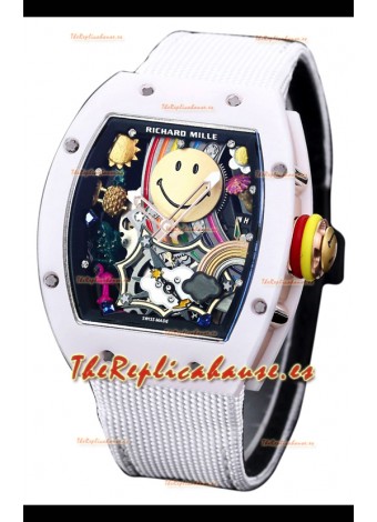Richard Mille RM088 Reloj Réplica Tourbillon Smiley Caja Cerámica Blanca Correa Nylon