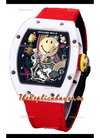 Richard Mille RM088 Reloj Réplica Tourbillon Smiley Caja Cerámica Blanca Correa Nylon Roja