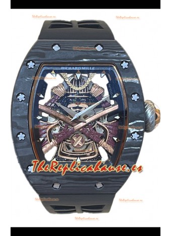 Richard Mille RM047 Samurai Reloj Genuino Tourbillon Caja Carbobono Correa Negra