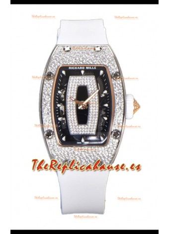 Richard Mille RM007 Superclone Reloj Réplica Suiza Correa Blanca Diamantes Pavimentados Acero 904L