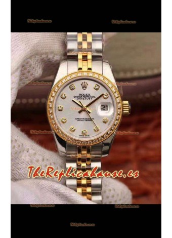 Rolex Datejust Ladies 28MM Movimiento Cal.3135 Réplica Suiza en Acero 904L Caja en Oro Amarillo de Dos Tonos