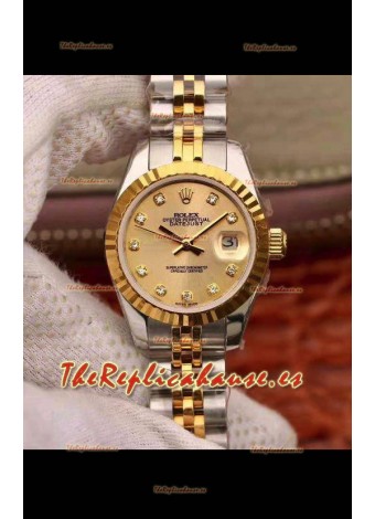 Rolex Datejust Ladies 28MM Movimiento Cal.3135 Réplica Suiza en Acero 904L Caja en Oro Amarillo de Dos Tonos