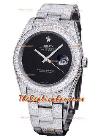 Rolex Datejust 41MM Réplica Suiza - Edición Iced Out en Dial Negro