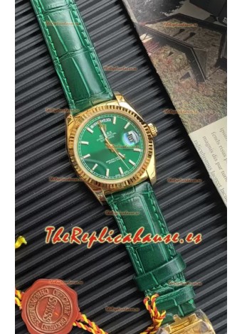 Rolex Day Date Reloj Caja Oro Amarillo en Correa Verde 36MM - Calidad Espejo 1:1