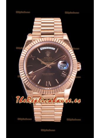 Rolex Day Date Watch Dial en Marrón con Numerales de Hora en Numeros Romanos Movimiento Cal.3255 - Acero 904L