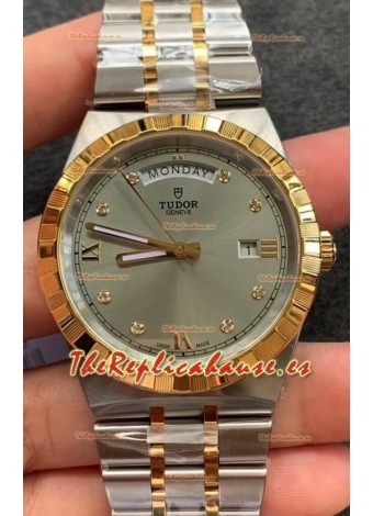 Tudor Reloj Edición Royal - Réplica Espejo 1:1 en Caja en Dos Tonos - Dial Diamantes Gris