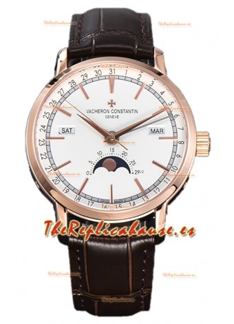 Vacheron Constantin Traditionelle Complete Calendar Cahapada Oro Rosado Dial Blanco Réplica Suiza