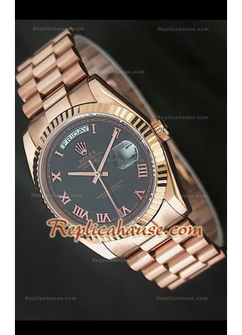 Rolex DayDate Reproducción Reloj Suizo en Oro Rosa y Esfera de color Negro