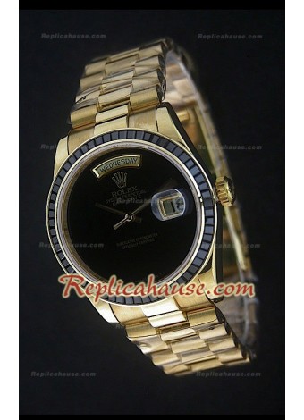 Rolex DayDate Reproducción Reloj Suizo en Oro Amarillo y Esfera de color Negro
