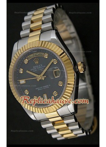 Rolex Daydate Reproducción Reloj Japonés Dos Tonos con Esfera de color Negro 