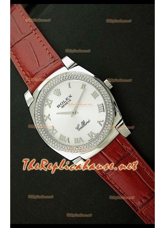 Rolex Celleni Reproducción Japonesa Esfera Romana Blanca con Bisel de Diamantes y Correa de Piel