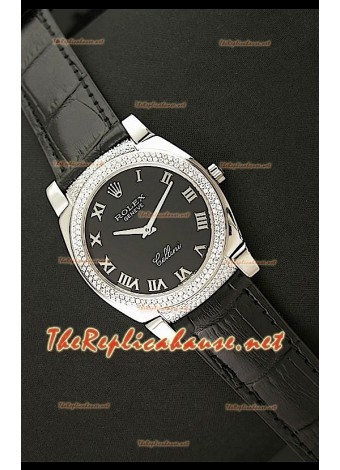 Rolex Celleni Reproducción Japonesa de Cuarzo Esfera Negra Romana, Bisel de Diamantes y Correa de Piel