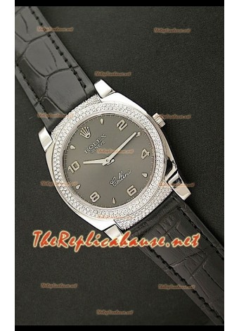 Rolex Celleni Reproducción Japonesa de Cuarzo con Esfera Negra, Diamantes en Bisel y Correa de Piel Negra