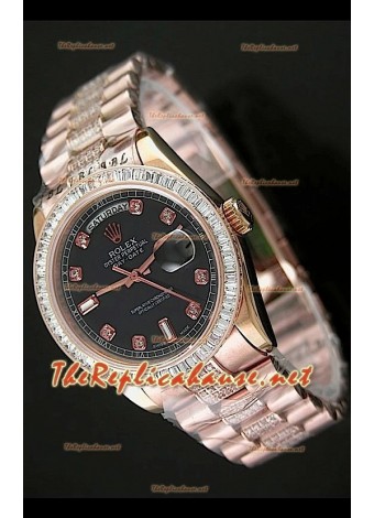 Rolex Daydate Reproducción Reloj Suizo - Reloj mediano de 37MM - Esfera de color Negro Everose