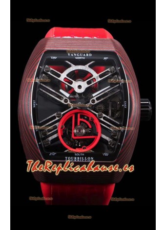Franck Muller Vanguard Skeleton Tourbillon Reloj Réplica Suizo Rojo Carbono
