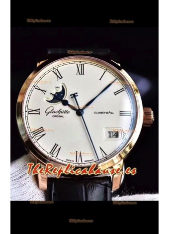Glashuette Senator Excellence Panorama Date Moon Phase Oro Rosado Reloj Suizo