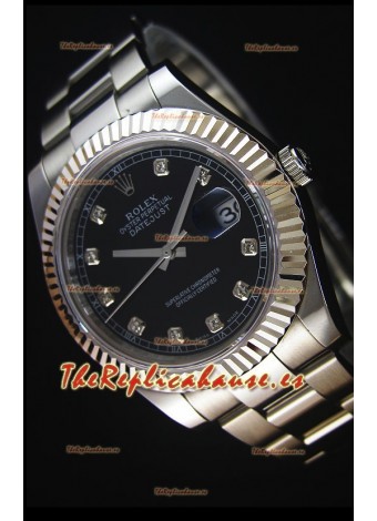 Rolex Datejust II 41MM Reloj Replica Suizo con Movimiento Cal.3136 Dial en color Negro, Marcadores de Hora en Diamantes