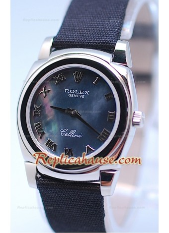 Rolex Celleni Cestello Reloj Suizo Señoras Esfera Perla Romana Negra y Correa de Nilón 