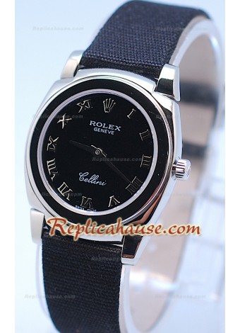Rolex Celleni Cestello Reloj Suizo Señoras Esfera Romana Negra y Correa de Nilón