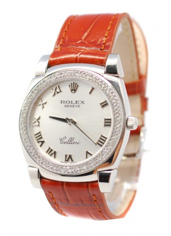 Rolex Celleni Cestello Reloj Suizo Señoras con Esfera Plata Romana, Correa de Piel y Diamantes en Bisel