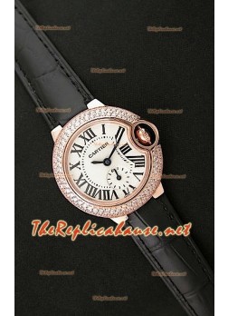 Ballon De Cartier Reloj para Señoras en Oro Rosa con Correa de Piel Negra 