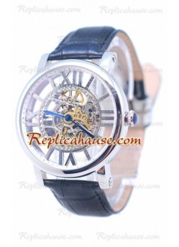 Cartier De Rotonde Skeleton Silver Reloj Black Leather