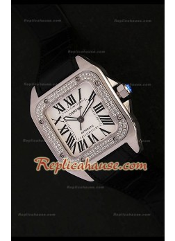 Cartier Santos 100 Reproducción Reloj Suizo con Diamantes en Bisel - 41.5MM