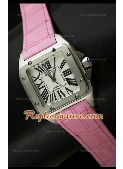 Cartier Santos 100 Reloj Suizo Automático Para Señoras en Piel Penk - 33MM