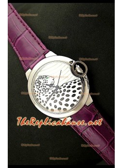 Ballon De Cartier Reloj de Acero Inoxidable con Esfera de Leopardo en Correa Lila 
