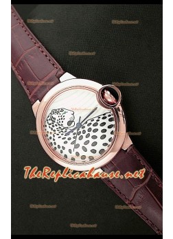 Ballon De Cartier Reloj en Oro Rosa con Esfera de Leopardo con Correa Marrón 