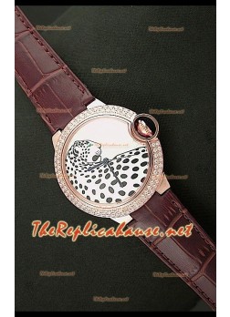 Ballon De Cartier Reloj de Oro Rosa con Esfera de Leopardo y Correa Marrón 