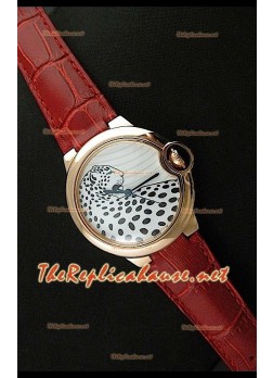 Ballon De Cartier Reloj de Oro Rosa con Esfera de Leopardo y Correa Roja. 
