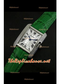 Cartier Tank Française para damas malla bisel de diamantes estuche de acero.