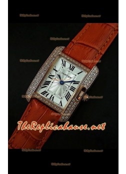 Cartier Tank Française para damas malla bisel de diamantes estuche dorado