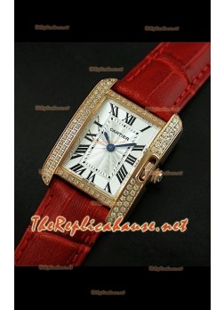 Cartier Tank Française para damas malla bisel de diamantes estuche dorado.