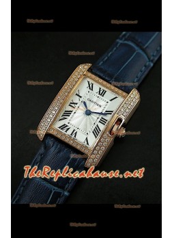 Cartier Tank Française para damas malla bisel de diamantes estuche dorado.