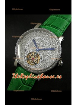 Reloj Turbillón Cartier Calibre con esfera de diamante y malla verde