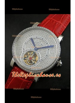 Reloj Turbillón Cartier Calibre con esfera de diamante y malla roja