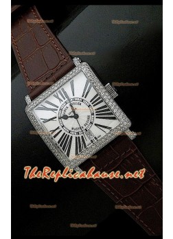 Franck Muller Master Square Reloj en Correa Marrón Oscuro y Esfera Blanca