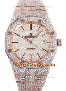 Audemars Piguet Royal Oak 15400 Iced Out Dial Marcadores tipo Stick Caja en Oro Rosado Reloj Réplica Suiza