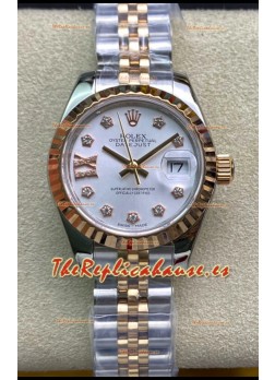 Rolex Datejust 28MM Réplica Suizo en Caja de Acero 904L Oro Rosado Dos Tonos Dial Blanco - Réplica a Espejo 1:1