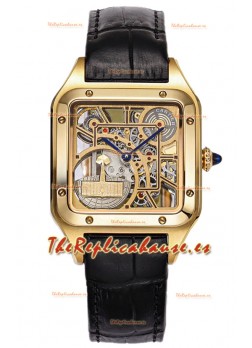 Cartier Santos Dumont Reloj Skeleton Oro Amarillo Correa en Piel Negra 43.5MM