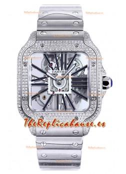 Santos De Cartier Reloj con Dial Skeleton - Bisel Diamante Caja y Correa en Acero Réplica Suiza