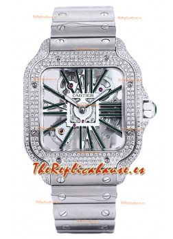 Santos De Cartier Reloj con Dial Skeleton - Bisel Diamante Caja y Correa en Acero Réplica Suiza