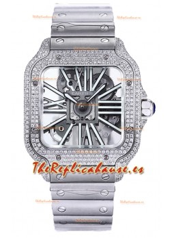 Santos De Cartier Reloj con Dial Skeleton - Bisel Diamante Caja y Correa en Acero Réplica Suiza