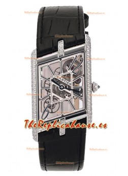 Cartier Tank Asymétrique Stainless Steel Casing Bisel DiamantesWatch in Leather Strap Réplica Suiza