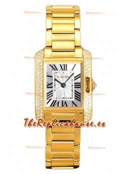 Cartier Tank Anglaise Yellow Gold Watch in Steel Strap Bisel Diamantes Swiss Quartz Watch 30MM