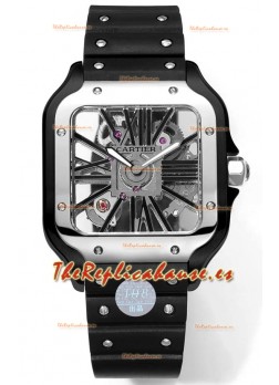 Santos De Cartier Reloj Dial Skeleton - Caja y Correa Acero revestida en DLC Correa de Goma